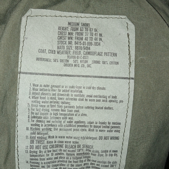 Military Cold Weather Field Coat Mens Medium/Short Camouflage Camo Jacket Army - Picture 13 of 14